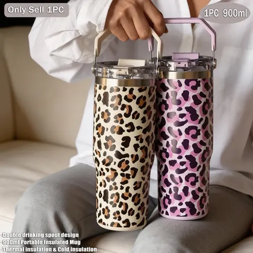 900ML Stainless Steel Insulated Cup, Thermal Tumbler, Leopard Pattern, Dual Layer, Vacuum Bottle, Outdoor, Office, Home, Travel, Gift Ideas