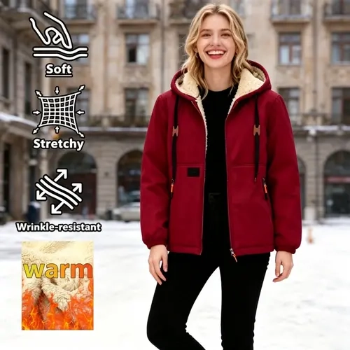 Women’s fleece lined, thick hooded jacket—an insulated outerwear piece for autumn and winter with a casual sporty design, zip closure, and sewn on label detailing. Suitable for outdoor sports and casual wear in fall/winter, commuting to work, and as a gif