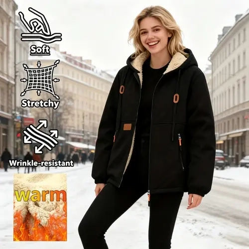 Women's Fleece-Lined Thick Hooded Long Sleeve Jackets - Pull-On Solid Warm Outerwear with Stylish Patch Detailing, Fleece Women's Casual Jackets for Autumn Winter Commuting