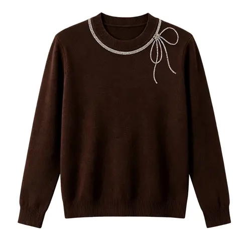 Studded Bow Round Neck Knit Sweater, Casual Long Sleeve Pullover, Loose-Fitting Fall & Winter Top, Plain Surface, Unlined, China Made
