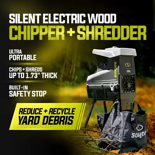 Sun Joe 15-Amp Motor Electric Wood Chipper-Shredder Tool, Power Tool with Collection Bag, Silent Operation, 1.7-Inch Cutting Diameter, Safety Stop for Yard Cleanup