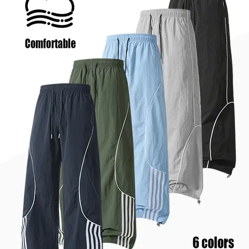Men's Nylon Baggy Comfy Pants - Printed Graphical Stripes, Drawstring Elastic Waist, Utility Pockets, Cool Breathable, All-Season Streetwear for Everyday Wear, Basketball, Men's Clothing