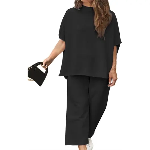 Tankaneo Women's Plus Size 2 Piece Outfits Batwing Sleeve Top Wide Leg Lounge Set | Crew neck top, Cozy 2 piece lounge set, Casual
