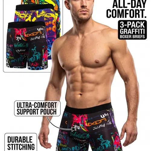 Men's 3-Pack Graffiti Print Boxers Long Leg Design, Comfortable Breathable Skin-Friendly, Ideal for Running, Cycling, Hiking, All Seasons, Breathable Boxer Shorts