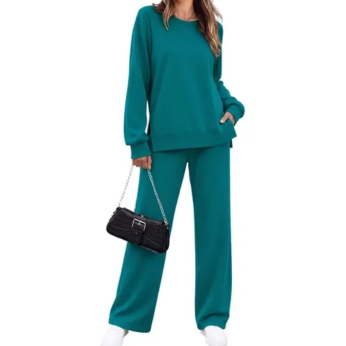 Ekouaer Women's Gifts 2-Piece Minimalist Basic Long-Sleeve Crew Neck Loose-Fit Plus Size Nightwear - Pyjamas Lounge Set for Homewear, Airport Travel (2026 Fall)