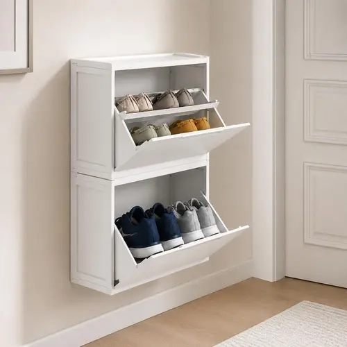 【New Arrival】Vtopmart 1-4pack Slim Shoe Cabinet with Flip Drawers 7.8in and Removable Shelves | Narrow, Space-saving, Wall Mounted, Stackable Modular Design, for Small Apartments, Bathroom, Holds 2 Sneakers & 2 Flats,Dorm Hack