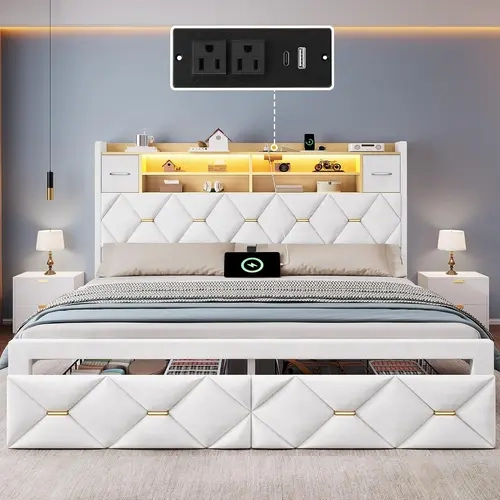 【Ships in 2 Packages】YITAHOME Bed Frame with 2 Storage Drawers and Storage Headboard | Upholstered Platform with Charging Station and LED Light, No Box Spring Needed, Noise Free, Easy Assembly