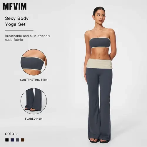 MFVIM Women's 2-Piece Yoga & Gym Set - Strapless Bra Top with Color-Contrast Trim, Ruched Waistband Flared Wide-Leg Pants, Breathable Second-Skin Fabric, 2 Piece Sets for Women, Two Piece Set, 2 Piece Sets Women