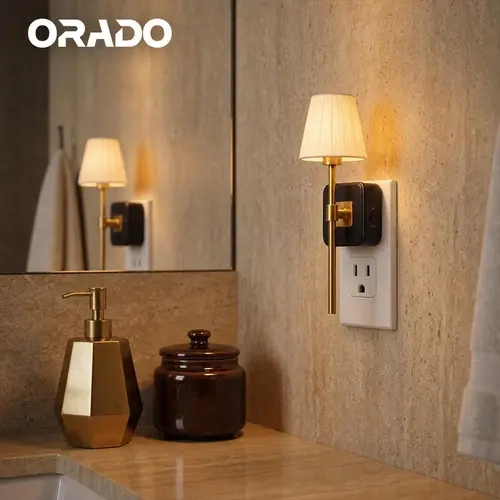 ORADO Vintage Fabric Shade 1W LED Wall Sconce - Stepless Dimmable Plug-in Decorative Atmosphere Lighting with Dusk-to-Dawn Auto Sensing, Brightness Dimmer, Aesthetic Mini Indoor Home Improvement Fixture for Bedroom, Dimmable Lamps