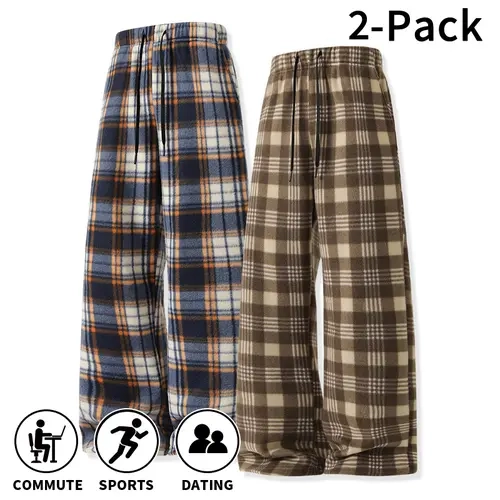 Men's Plaid Double-Sided Wide Leg Trousers (1 Pack/2 Pack) - Menswear with Drawstring Elastic Waist, Stylish Casual Comfy Baggy Pants, Soft Warm Lounge Pants for Autumn Winter Indoor Wear