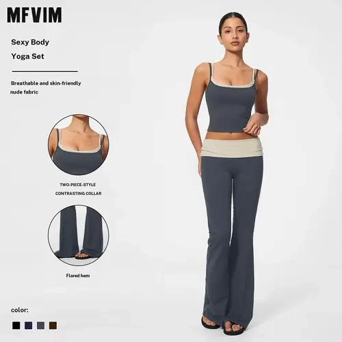 MFVIM Women's 2-Piece Gym Sports Set - Color Block Neckline Camisole Top, Waist-Cinching Flared Long Pants, Second Skin Soft Breathable Fabric, Women's Workout Sets for Gym Yoga