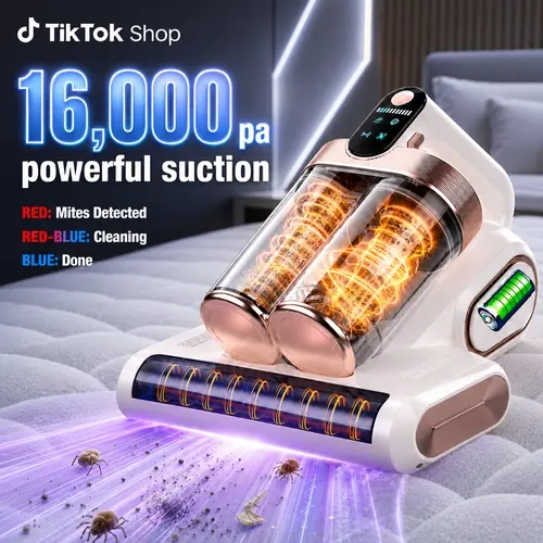 Cordless Mattress Vacuum Cleaner - Portable Lightweight Powerful Suction Rechargeable Wireless Vacuum with 16Kpa Deep Clean, 80000 RPM Tapping, UV-C Light, Ultrasonic, Dual HEPA Dust Cups for Sofa, Crib, Pet Hair, Portable Lightweight Vacuum