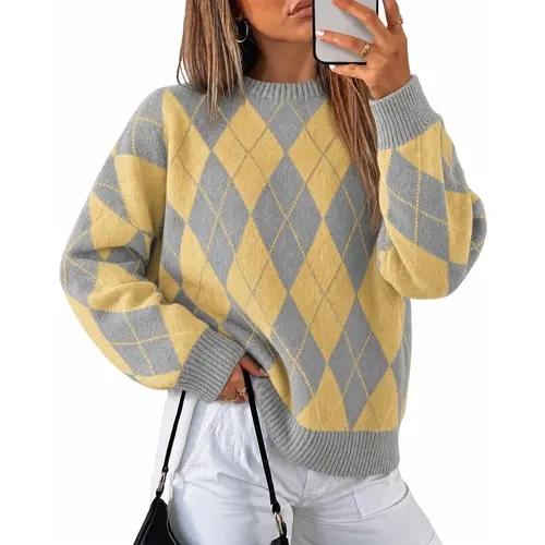 Tankaneo Womens Oversized Sweaters Long Sleeve Argyle Plaid Trendy Casual Fall Lightweight Knit Pullover Tops
