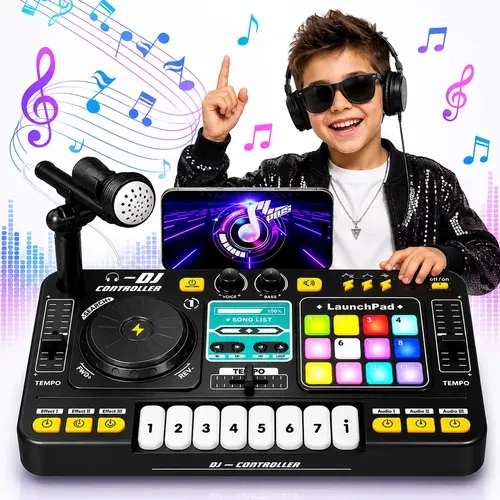 JoyStone Unisex Kids DJ Mixer - Wireless BT Device with Turntable, Piano Keys, Microphone, Light-Up Controller Board, Educational Playful Music Toy Gift for Ages 3-8, Black, Music Toys