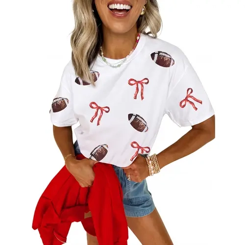 Mntaor Women's Gameday Outfit Chic Bow & Football Sequin White Round Neck Short Sleeve Tee - Glitter Detail Top, Ideal for Stadium Outings, College Football Season Cheer Squad Spirit Wear