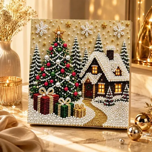DIY Christmas Diamond Art Kits with Frame, 11.8in x 11.8in Pearl Beads Gemstone Dot Craft Supplies for Adults, Home Wall Decor Statue Figurine