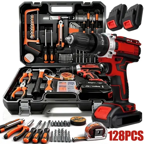 128 pc Tool Set with Power Drill, Cordless Hammer Drill Tool Kit 110Pcs Household Power Tools Drill Set with 21V Li-Ion Battery & Charger for Home Tool Kit