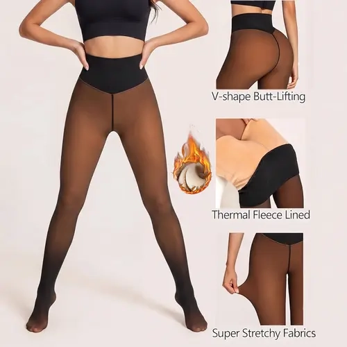 NEW COMPRESSION BAND & V-SHAPE BUTT LIFT! Women's Magic Fleece Lined Leggings Sheer Fake Translucent Pantyhose Thermal High Waisted Footed Opaque Tights Closed Foot Available in Plus Size M-3XL