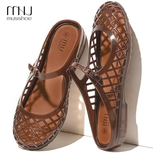 MUSSHOE Women’s Plain Square-Toe Mary Janes Shoes for Women - Adjustable Buckle Jelly Flats with Jelly Insole, PVC Upper, Water Friendly, Slip On, Easy-Clean Beach Sandals