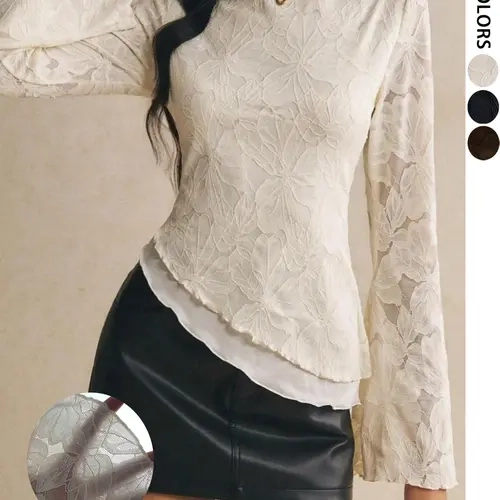 Floral Lace Bell Sleeve Shirt, Boat Neck Waist Cinch Ruffle Top, Romantic Vintage, Millennial Soft Mesh Long Sleeve, Casual Lace Blouse, Bell Sleeves Blouse