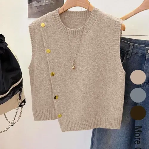 Pure Color Cropped Round Neck Asymmetric Metal Button Design Fashion Layering Sleeveless Knit Vest, Casual Loose-Fitting Outer Vest Knitted