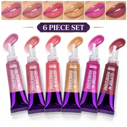 6-Piece Glitter Lip Gloss Cosmetic Set, High-Shine Crystal Sparkle Finish Lip Color for Parties, Date Nights, Everyday Makeup