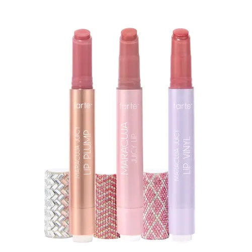 tarte don't kiss & tell maracuja juicy lip trio - lip balm, plump & vinyl with limited-edition rhinestone caps