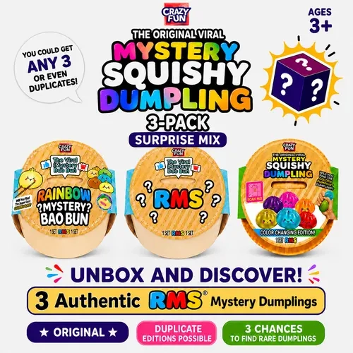 Authentic RMS Mystery Dumplings Blind 3-Pack – 3 Sealed Mystery Squishies, Random CRAZY FUN RMS Editions – Glitter, Rainbow, Color Change, Snowflake, Invisible & More. Duplicates Possible, Specific Editions & Rares Not Guaranteed, Mystery Dumpling Squishy