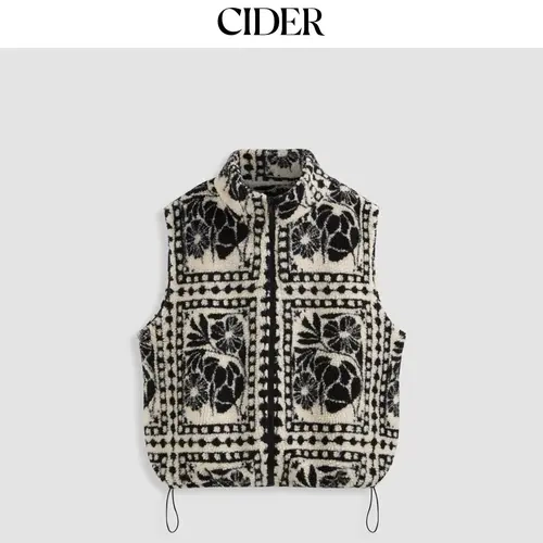 Cider Fleece Funnel Neck Floral Oversized Jacket Vest