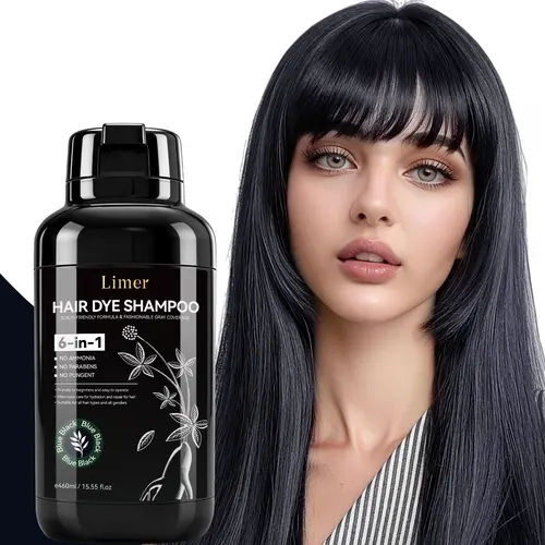 Limer 6-in-1 Hair Color Shampoo (460ml) - Ammonia-Free Gentle Dye-Safe Semi-Permanent Blue Black Vivid Shade, Plant-Based Oils, Cleanse-Condition-Color, Cool-Tone Natural Gloss, Wear Gloves, for All Hair Types (Men & Women)