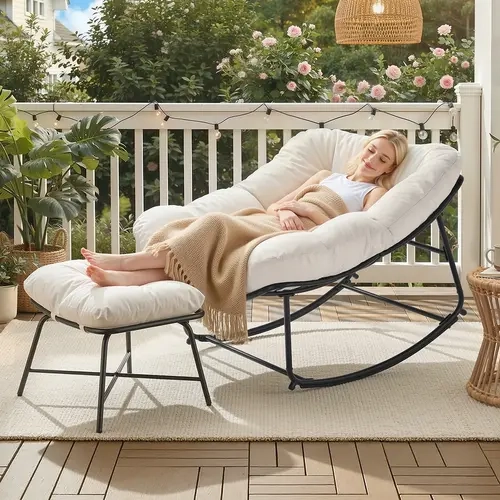 ONBRILL Modern Outdoor Papasan Rocking Chair with Ottoman, Beige Metal Frame 46x39x33" Oversized Lounge Rocker with Padded Cushions for Porch, Patio