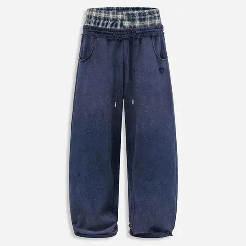 Aelfric Eden Men's Minimalist Wide Leg Basic Bottom - Unisex Plaid Waist Patchwork Baggy Barrel Trouser, Soft Washed Vintage Fabric, Adjustable Drawstring, Comfortable Oversized Silhouette, Work Casual Athleisure Pants