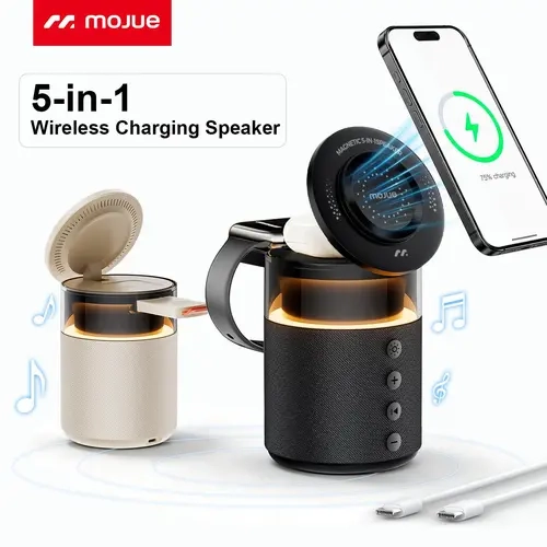 MOJUE 5-in-1 Portable Fast Charging Bluetooth Speaker Stand - Built-in Battery, Magnetic Wireless Induction, Adjustable Night Light, Qi2 Certified 15W Charger for Mobile Smartphone, iPhone 18/17/16/15/14/13 Pro Max, Apple Watch&Samsung Watch, AirPods