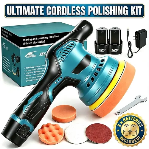 【T-M】Cordless Car Buffer Polisher Kit 6 Inch with 12V 2x1300mAh & 4 Attachments 8 Variable Speed 2800-5500RPM Orbital Polisher for Detailing Sanding Scratch Removing