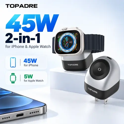 TOPADRE 45W Magnetic 2-in-1 USB-C PD Wall Phone Charger with US Plug, Folding Design - Portable, 5W Original-Speed Charging for iPhone 17/16/15 Series & iWatch Ultra/10/9/8/7/6/SE, Magnetic Hold