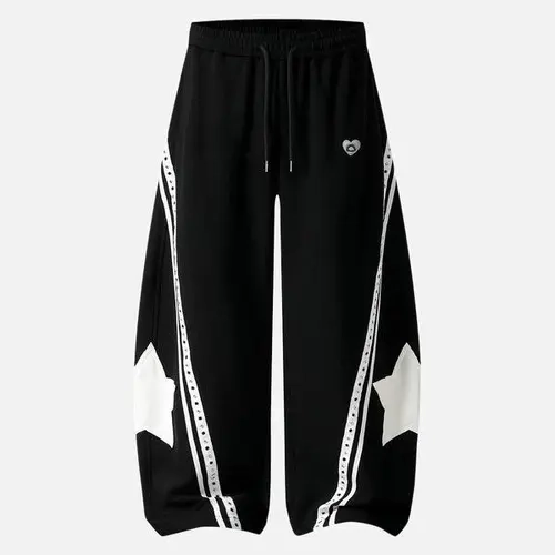 Aelfric Eden Men's Baggy Sweatpants - Star Patch, Stripe Design, Black & White Contrast, Oversized Barrel Silhouette, Drawstring Loose Cotton Blend Athleisure Casual Lounge Unisex Streetwear Pants, Athleisure Style Sweatpants