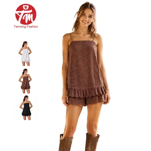 Tanming Boho Floral Eyelet Cami Romper Casual Embroidery Spaghetti Strap Tiered Ruffle Bohemian Adjustable Tie-Back Mini Romper Dress with Shorts