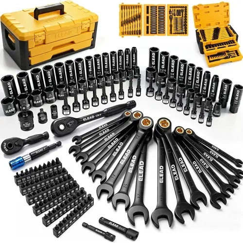 ELEAD 148-Piece Metal Mechanic Tools and Gadgets Full Set - 1/4"-&3/8"-Drive SAE/Metric Inches Sockets, Magnetic Tip Nut Drivers, Ratcheting Wrenches, Extensions, Adapters, Quick-Release Ratchet for Car Repair
