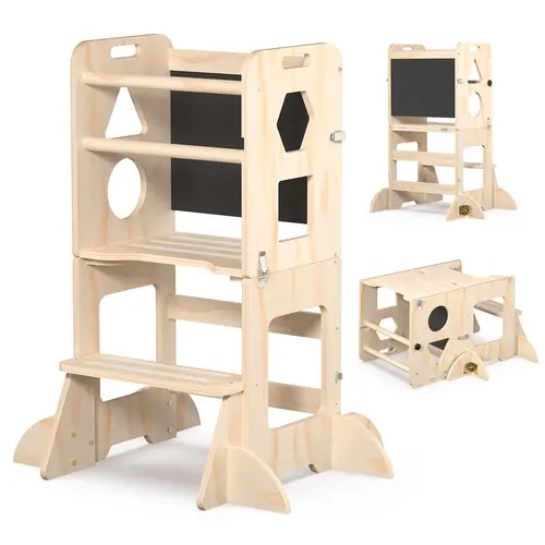 Wooden Kids' Rectangular Kitchen Helper Step Stool - Simple, Height-Adjustable Design for Safe Countertop Access - Ideal for Cooking, Baking
