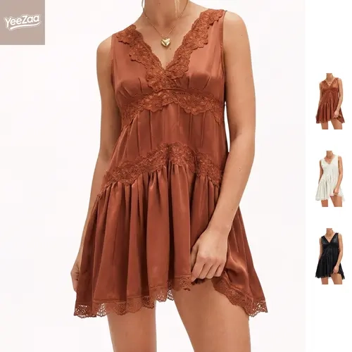 YeeZaa Women's Groove Mini Slip Dress Country Concert & Date Night Dress Lace Deep V-Neck Mini Dress Sexy Y2k Ruffle Hem Flowy Swing Boho Short Dresses