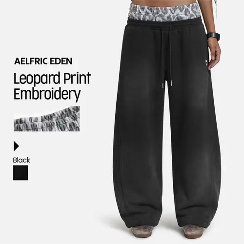 Aelfric Eden Menswear Men's Soft Washed Double-Layer Baggy Sweatpants - Adjustable Drawstring Waist, Oversized Barrel Wide Leg, Embroidered Leopard Print, All-Season Retro Streetwear Bottoms with Soft Cotton-Polyester Fabric