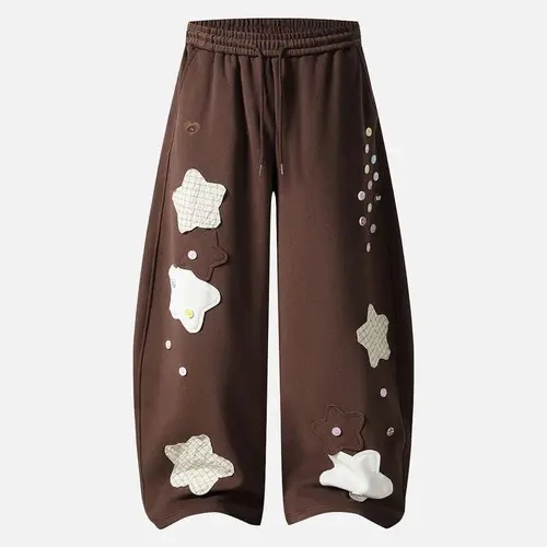 Aelfric Eden Star Cloud Patch Baggy Wide-Leg Sweatpants - Colorful Geometric Button Accents, Oversized Barrel Fit, Adjustable Drawstring Waist, Unisex Cute Casual Women's Bottoms for Back to School