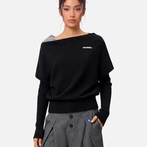 Aelfric Eden Women's Ribbed Viscose Metallic Vibe Asymmetric Off-The-Shoulder Cropped Waist Layered Faux 2-Piece Knit Top, Soft Loose Casual Elegant Lazy Style, Back to School First Day Outfits
