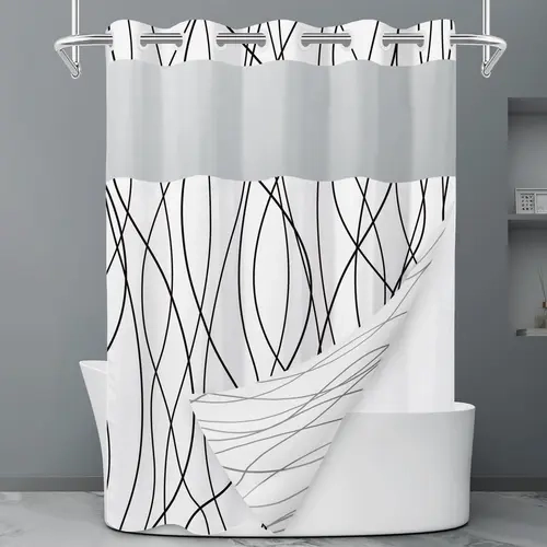 Black White No Hook Shower Curtain with Liner, Stripe Pattern,Mesh Top Window,Bottom Magnets,Hotel Style,Machine Washable,Modern,for Bathroom 71 x 74 Inch