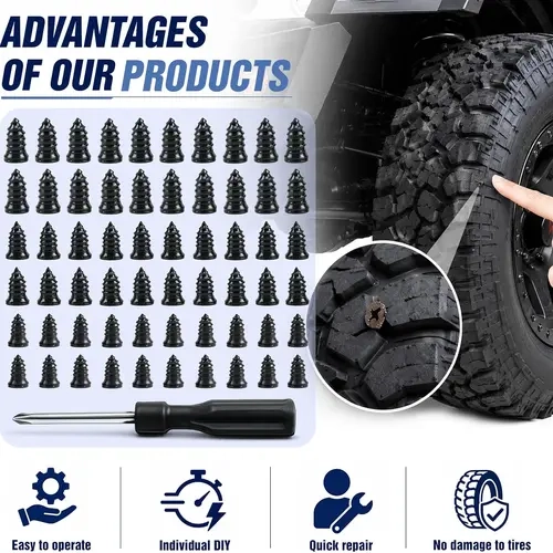 60-Piece Tire Repair Screw Kit with Rubber Nails - Quick Repair Automotive Maintenance Tools for Motorcycle/Car Vacuum Tire Punctures