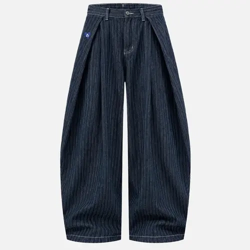 Aelfric Eden Menswear Unisex Pinstripe Embroidered Denim Pants - 3D Pleated Waist, Baggy Balloon Wide Leg, Washed Cotton-Polyester Fabric, Casual Retro Streetwear Jeans