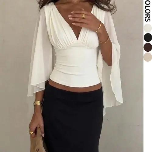 Elegant Off-Shoulder Cape Sleeve Top, Ruched V Neck Shirt, Flared Asymmetrical Design, Chic Party Dress, Y2K Fit Evening Wear