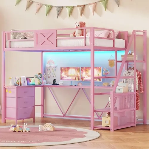 Sikaic Twin/Full Size Loft Bed with L Shaped Desk and Wardrobe, Metal Loft Bed Frame with Stairs, 3 Fabric Drawers, LED Lights & Charging Sation, No Noise & No Box Spring Needed  Christmas Gifts [TiktokShopFallDealsForYou]