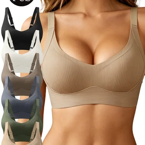 Women's 6-Pack Minimalist Basic Full Coverage Seamless Wireless Bralettes for Women, V-Neck Elastane Blend, Back Smoothing, High Stretch, Breathable, Adjustable Straps, Removable Pads, Light Support, All-Season Daily Yoga Wear, Lightweight Bralettes