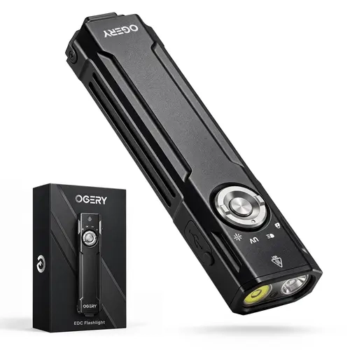 OGERY Rechargeable EDC Flashlight with UV Light & Green Beam, Dual-Way Clip for Hands-Free Use, Up to 12H Runtime with Power Display, 4 Light Modes & 1100 Lumens for Work, Outdoor, Emergency & Gifts
